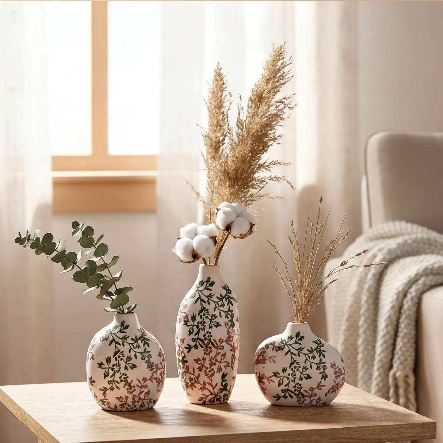 Small Ceramic Vase / Green Floral / Set of 3