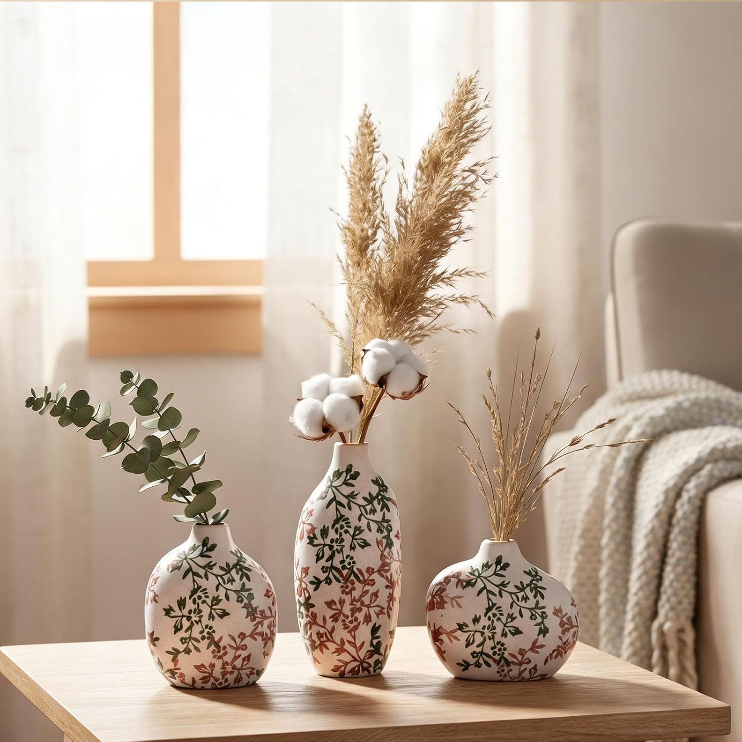 Small Ceramic Vase / Green Floral / Set of 3