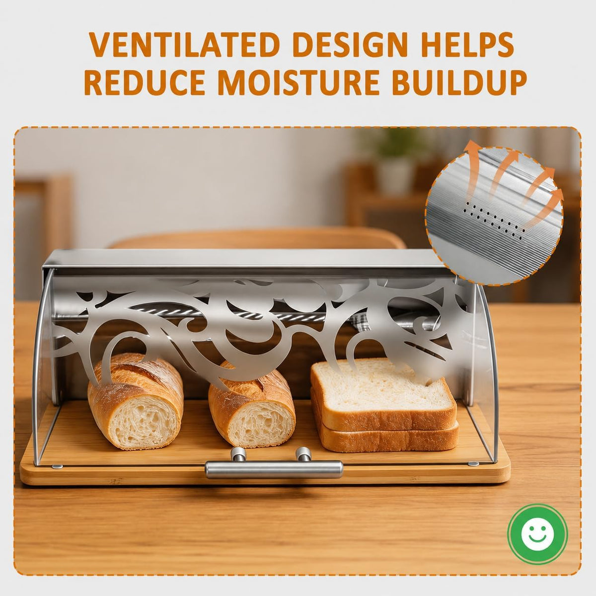 Bread Box for Kitchen Countertop, Modern Stainless Steel Roll-Top M | Clear Acrylic Viewing Door with Frosted Pattern