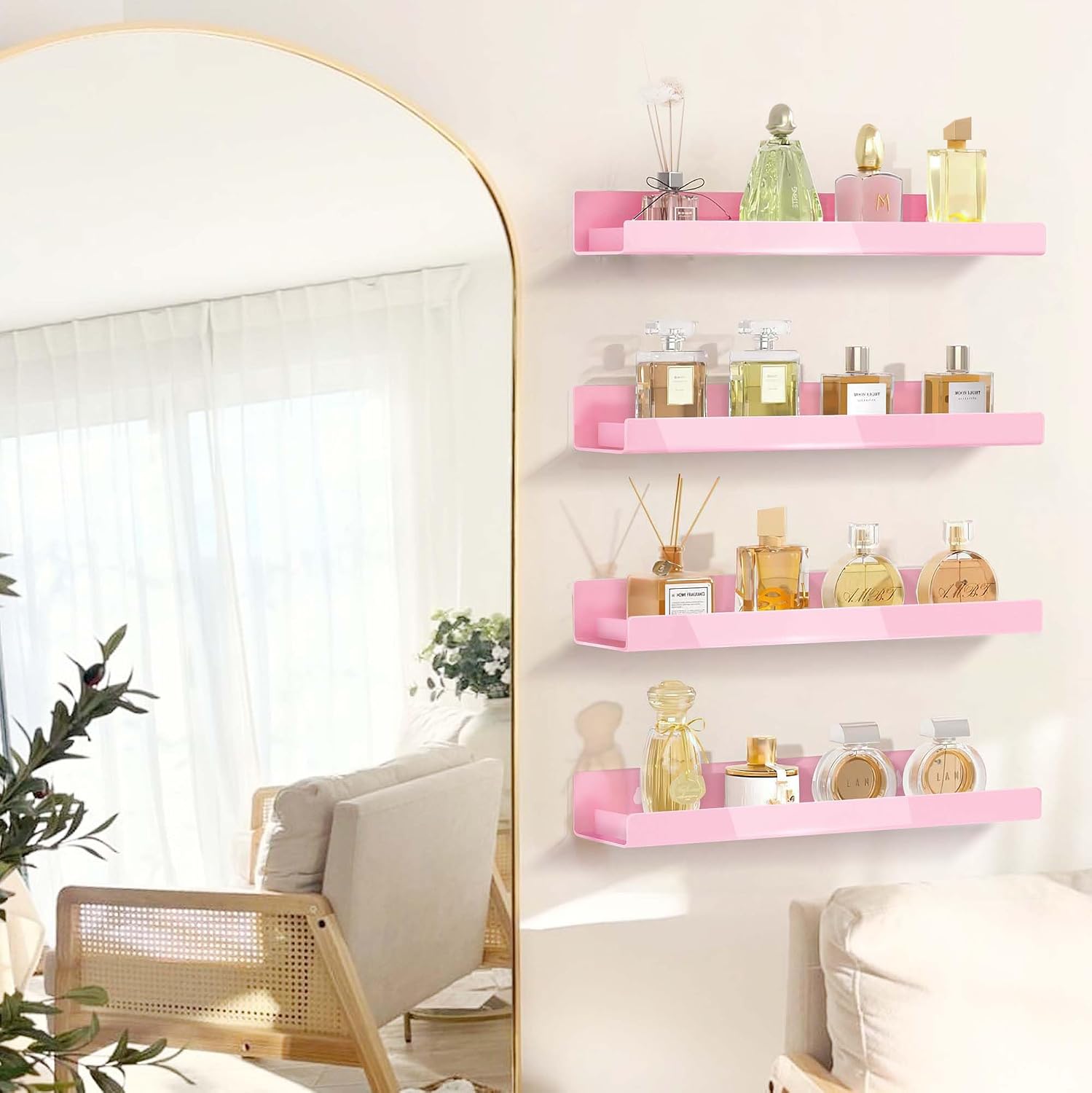 4 Pack 15 Inch Pink Acrylic Floating Wall Shelves, Kids Bookshelf | Modern Display Shelf for Nail Polish, Sunglasses