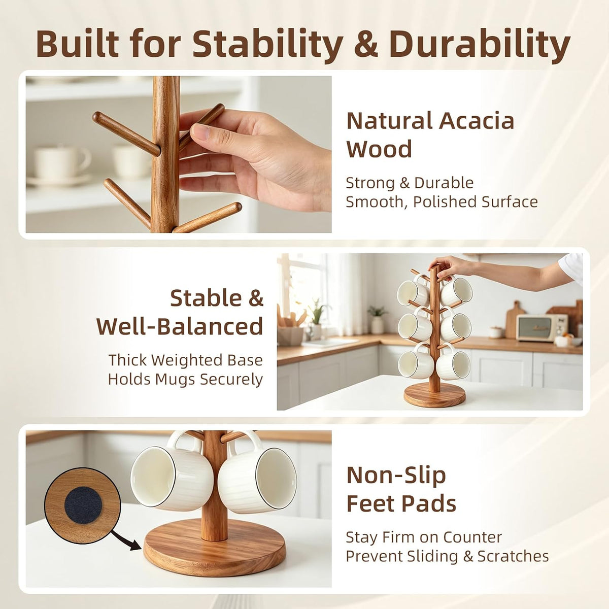 Large Acacia Wood Mug Holder Tree for Countertop | 6-Hook Coffee Mug Rack for Large & Tall Mugs, Wooden Coffee Cup
