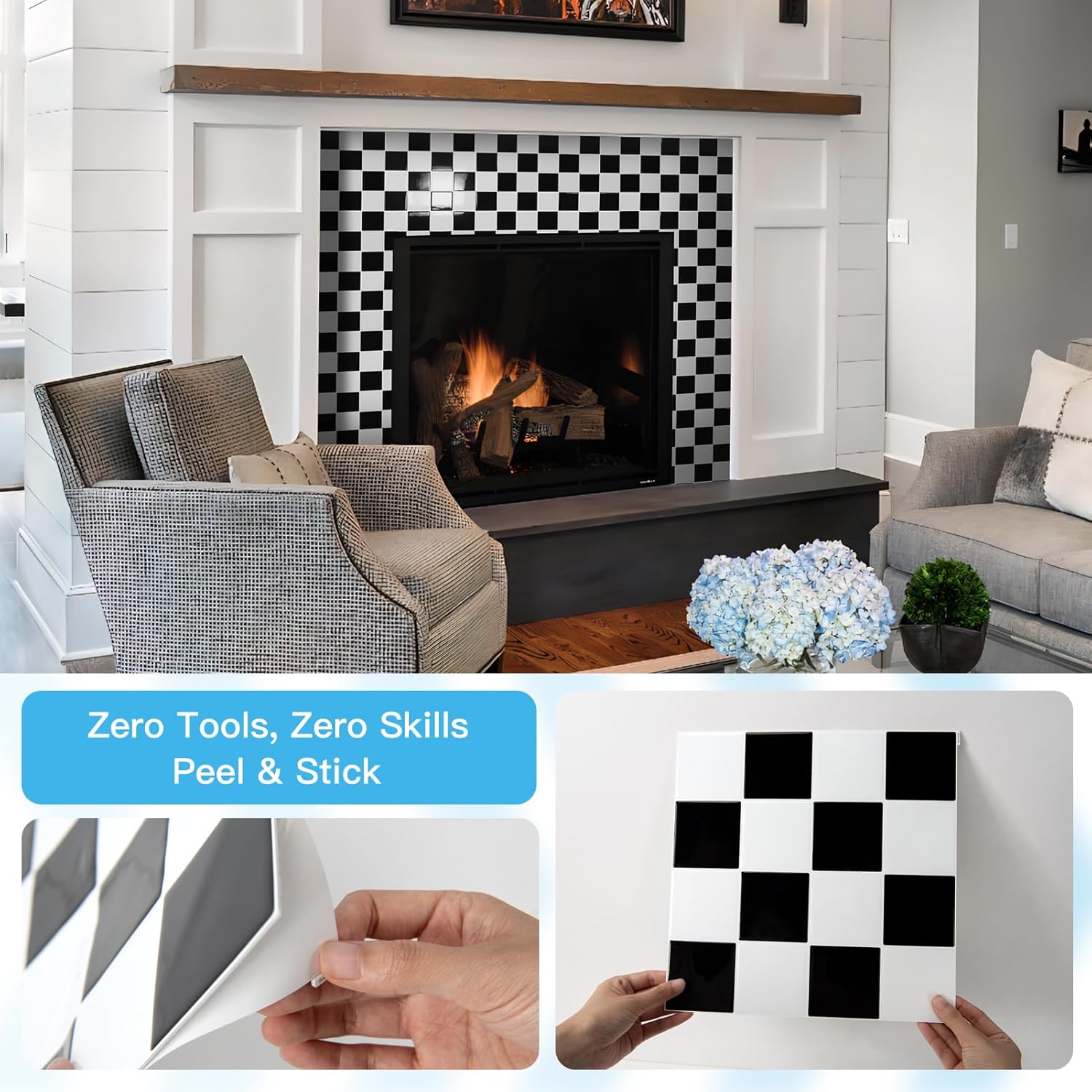 Self-Adhesive Wall Tile Stick on Kitchen Countertop / 12 x 12 / Black/white / Set of 10