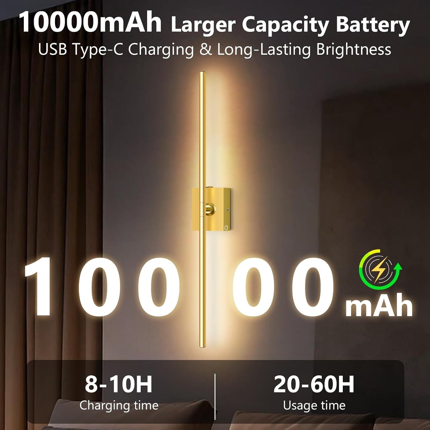 Eneru Battery Operated Wall Sconces Set of 2, Gold Wireless LED Wall Light | Rechargeable 10000mAh, Touch and Remote