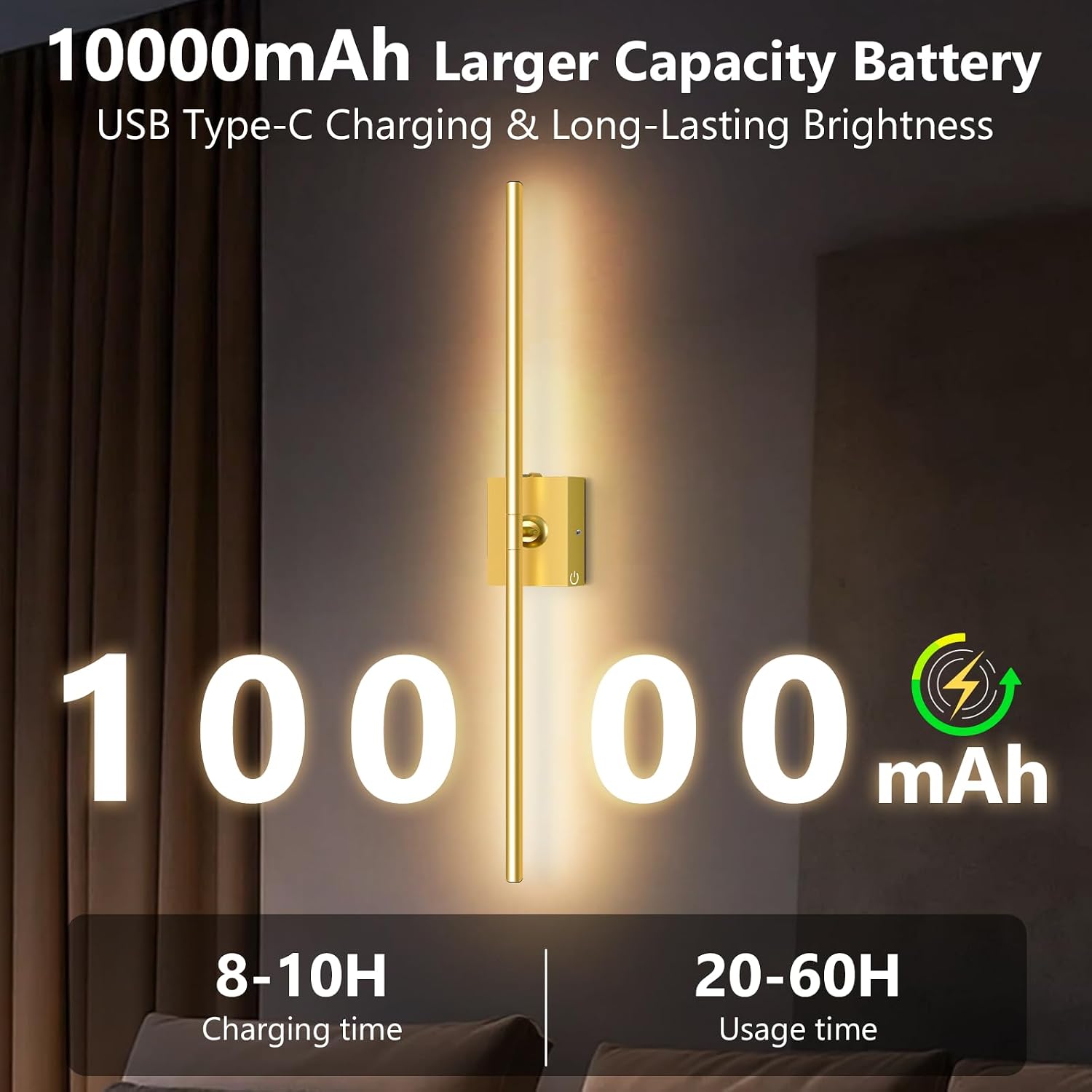 Eneru Battery Operated Wall Sconces Set of 2, Gold Wireless LED Wall Light | Rechargeable 10000mAh, Touch and Remote