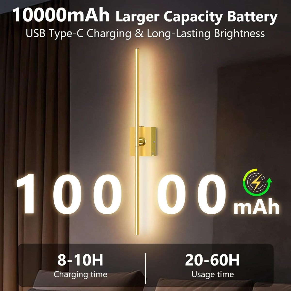Eneru Battery Operated Wall Sconce 1 Pack, Gold Wireless Wall Light 31.5in | Rechargeable 10000mAh, Touch and Remote