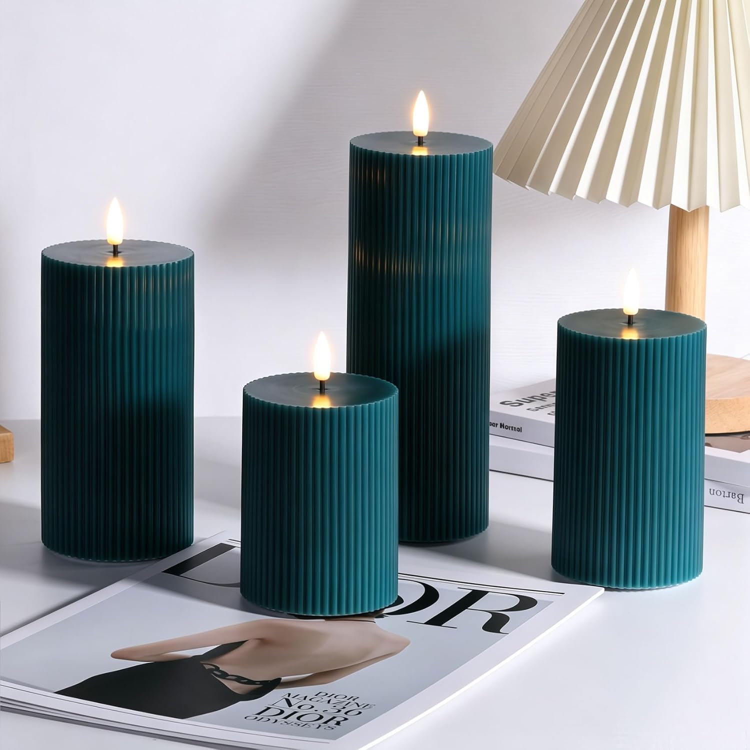 Ribbed Flameless Pillar Candles / Green / Set of 4