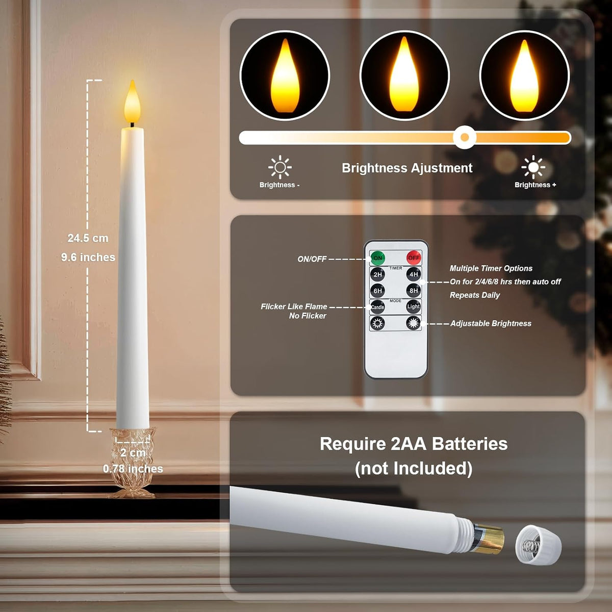 12 Pcs Flameless Taper Candles with Remote and Timer, 9.6 Inches Plastic LED Candlesticks, White Battery Operated