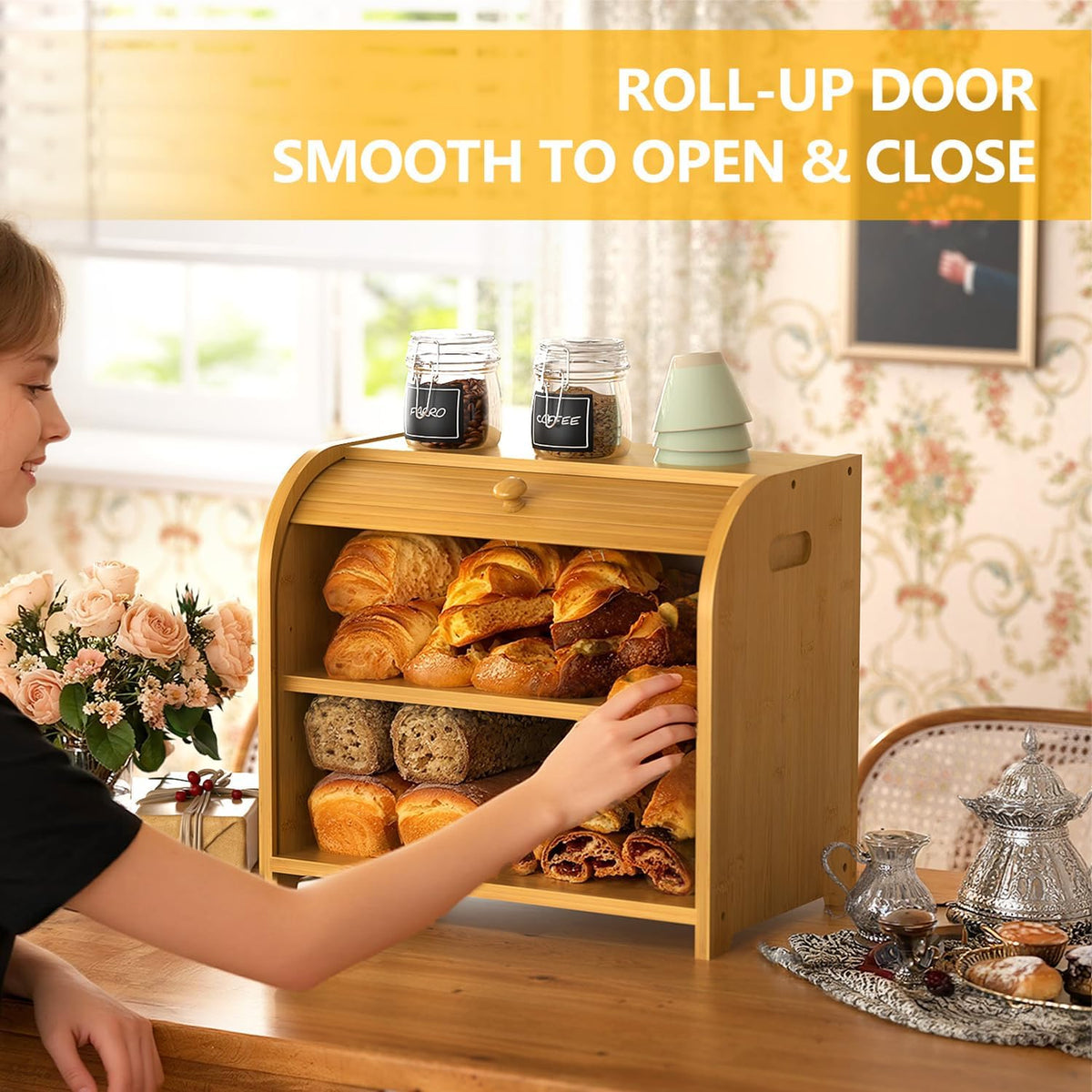 Bamboo Bread Box for Kitchen Countertop, Roll Top Bread Storage Box | Double Layer, Large Capacity, Space-saving, Easy