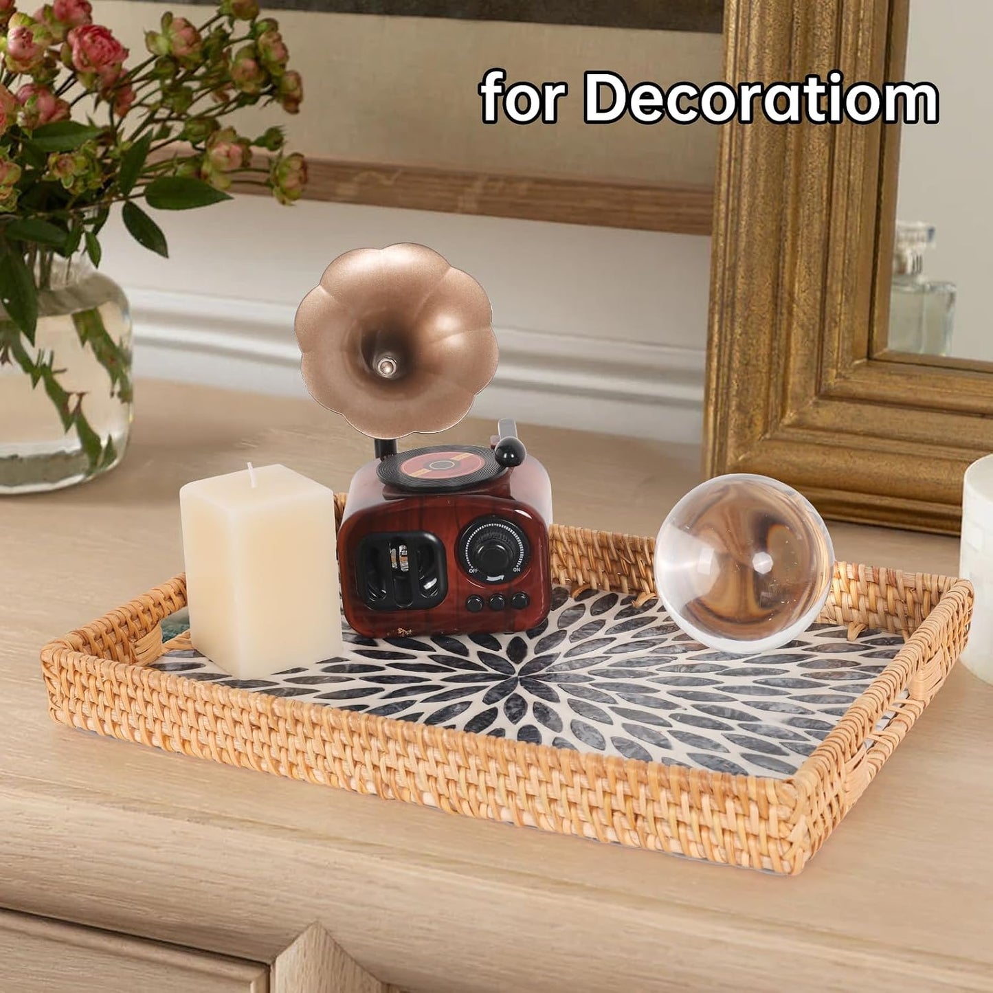 Rattan Serving Tray / Black Leaf