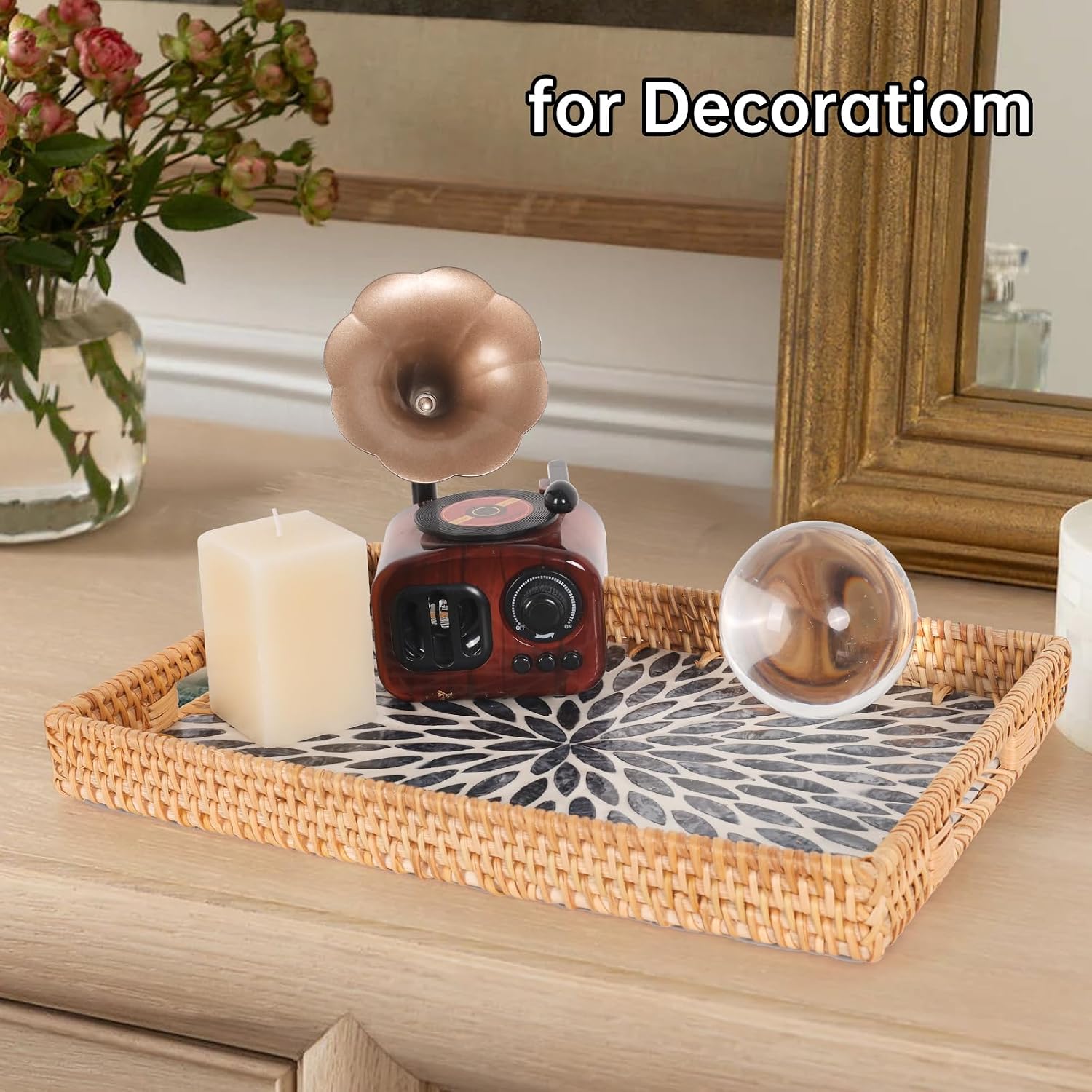 Rattan Serving Tray / Black Leaf