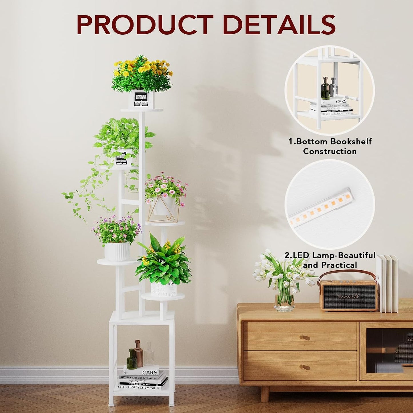 Plant Stand Indoor with Grow Light, 6-Tiered Tall Plant Stand Indoor, Metal Plant Shelf with Hanging Basket Hook and
