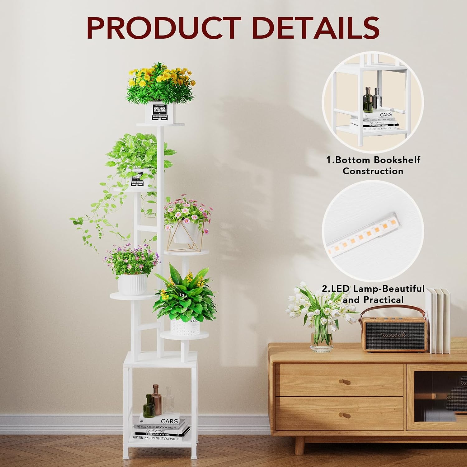 Plant Stand Indoor with Grow Light, 6-Tiered Tall Plant Stand Indoor, Metal Plant Shelf with Hanging Basket Hook and