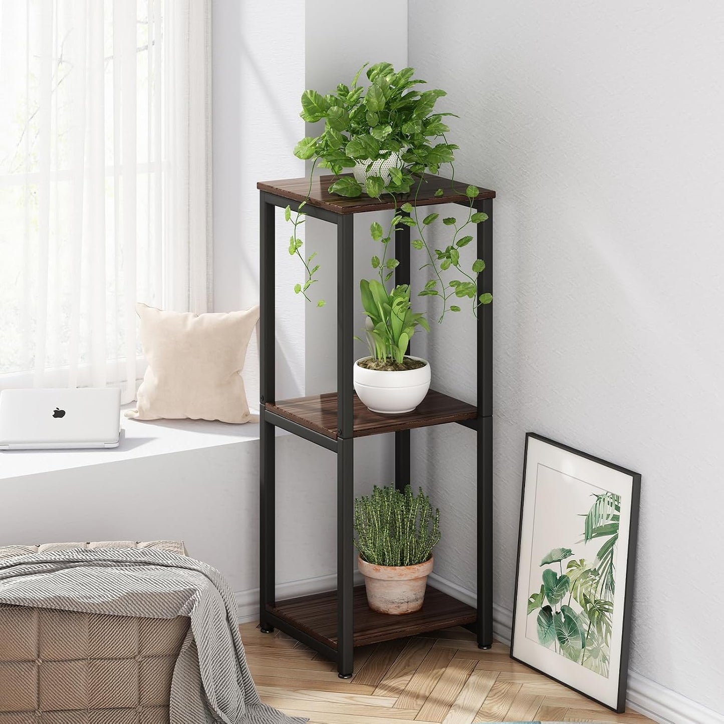 3 Tier Plant Stand Indoor Corner Tall Square Shape Plant Shelf | Modern Metal MDF board Flower Storage,Suitable tight