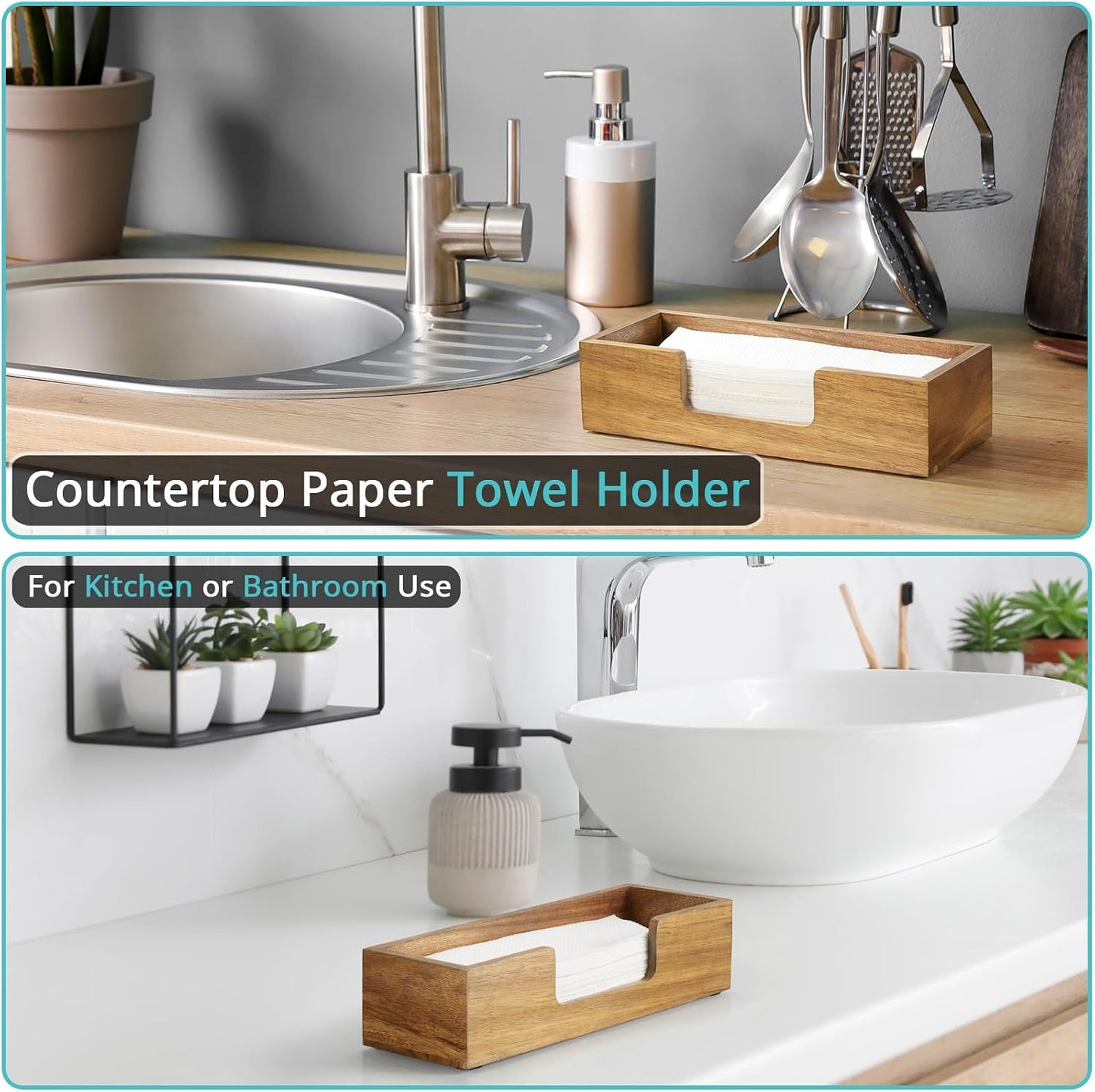 Paper Towel Dispenser Countertop, Acacia Wood Bathroom Paper Towel Holder, Black Napkin Holder for Kitchen, Countertop