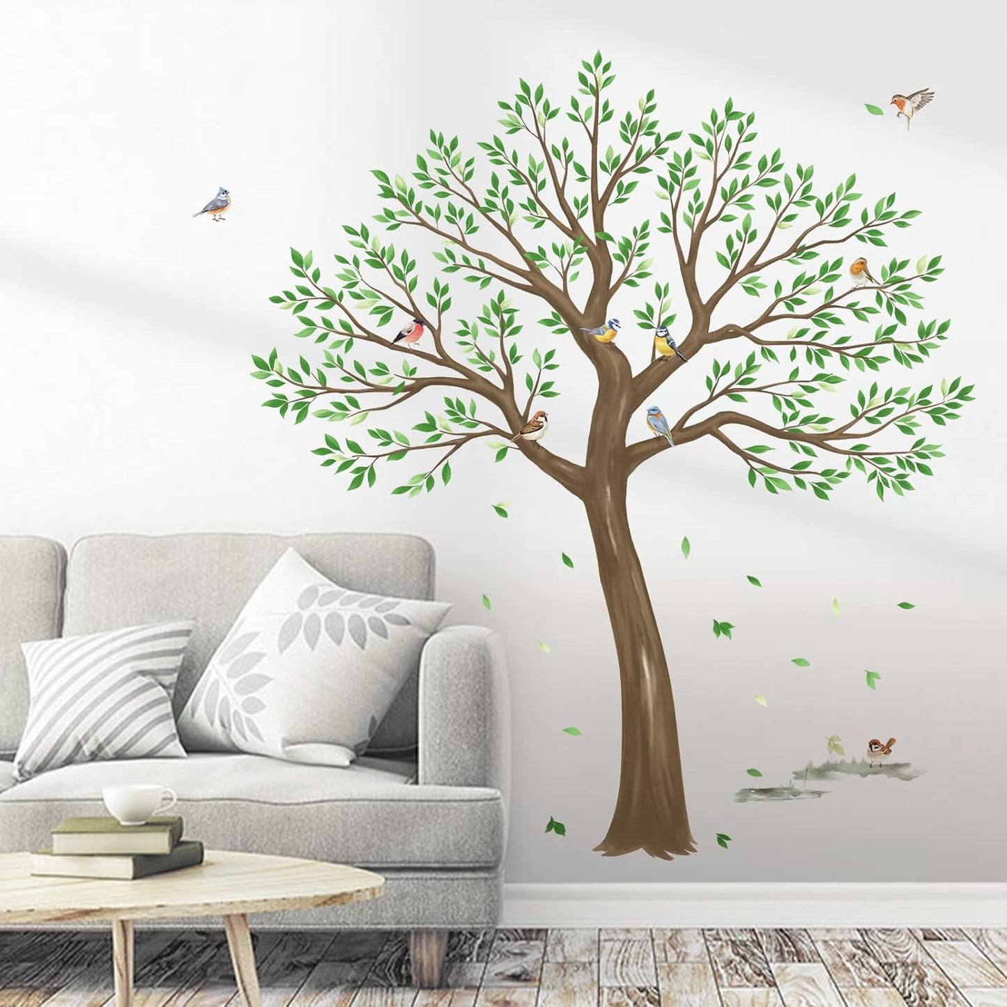 Large Tree Wall Stickers Leaves Birds Peel and Stick Wall Decals / Green
