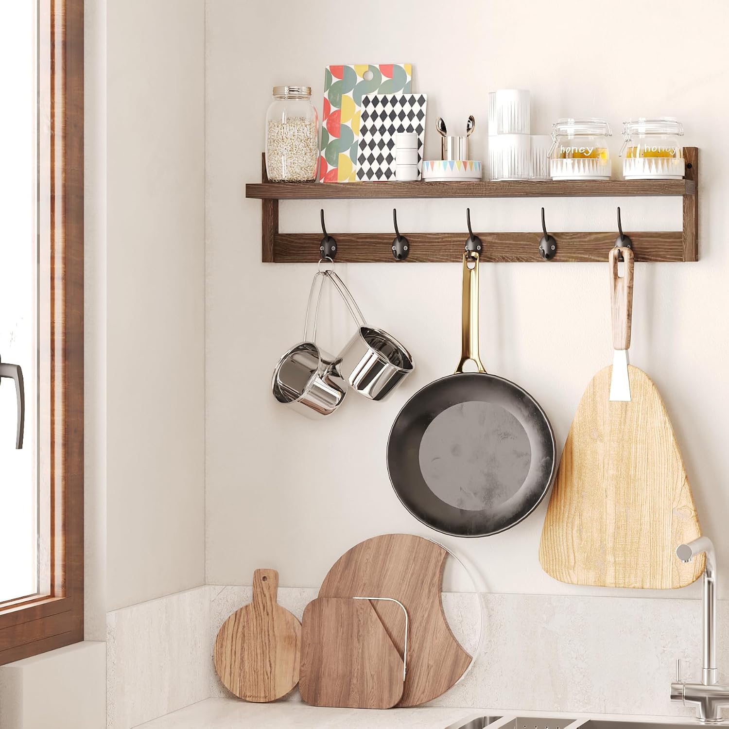Hooks Entryway Coat Rack Wall Mount Wood Coat Hooks / 28.9inch / Retro Brown