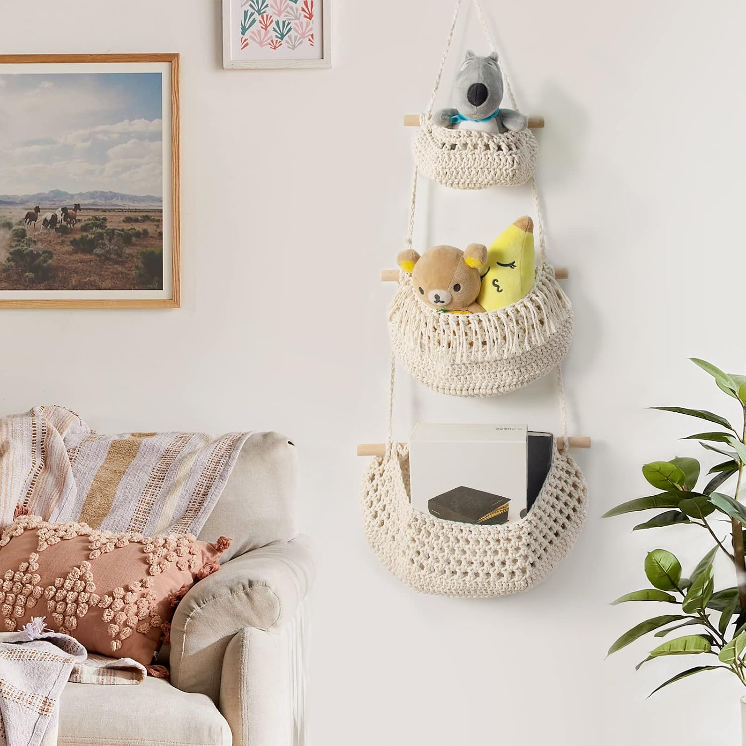 Handmade Woven Cotton Rope Wall Hanging Baskets for Organizing / White