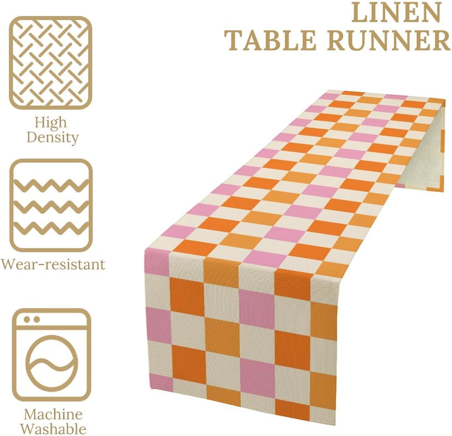 Hippie Table Runner Vintage Geometric Square Grid Yellow Orange Pink 1960s 1970s Retro Country Farmhouse Dinner Runner