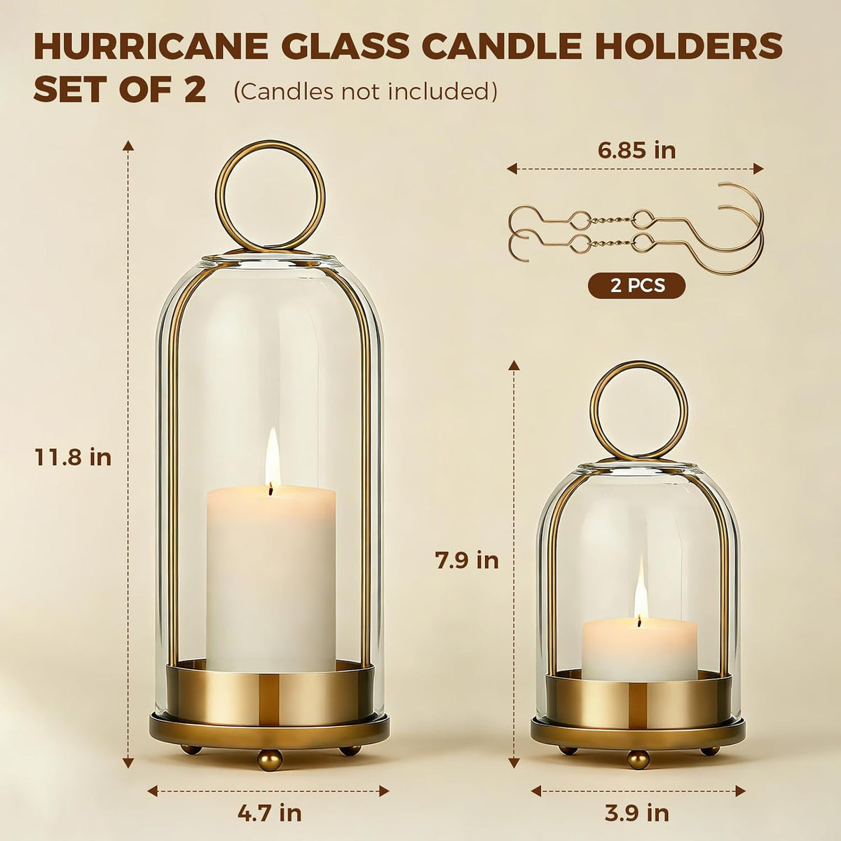 5"&4" Hurricane Glass Candle Holders, Hanging Brass Metal Candle Holder | Glass Candlestick Holders for Pillar Candles