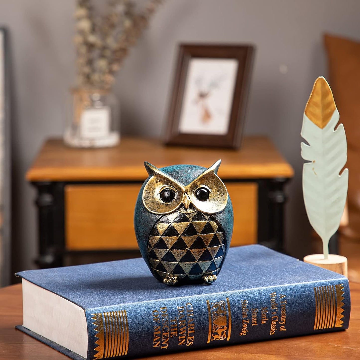Owl Figurines / Owl Statue Home Decor / Blue