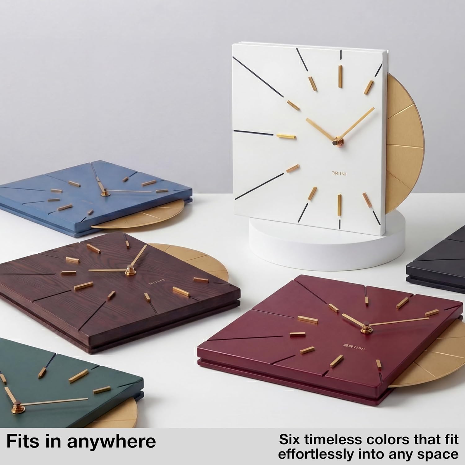 Driini Clocks Mid Century Modern Wall Clock - Square White Clock with Decorative Gold Accent- Unique and Cool Clock