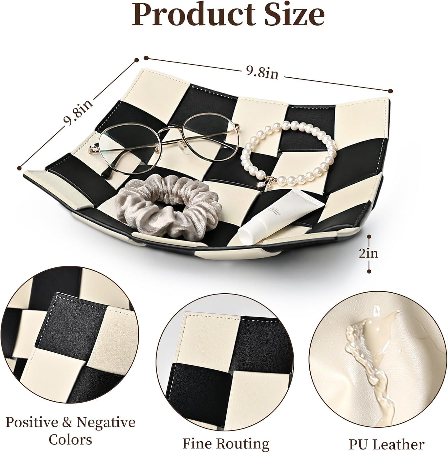 Black and White Checkered Valet Tray PU Leather Key Holder Bowl / Black and White Checkerboard