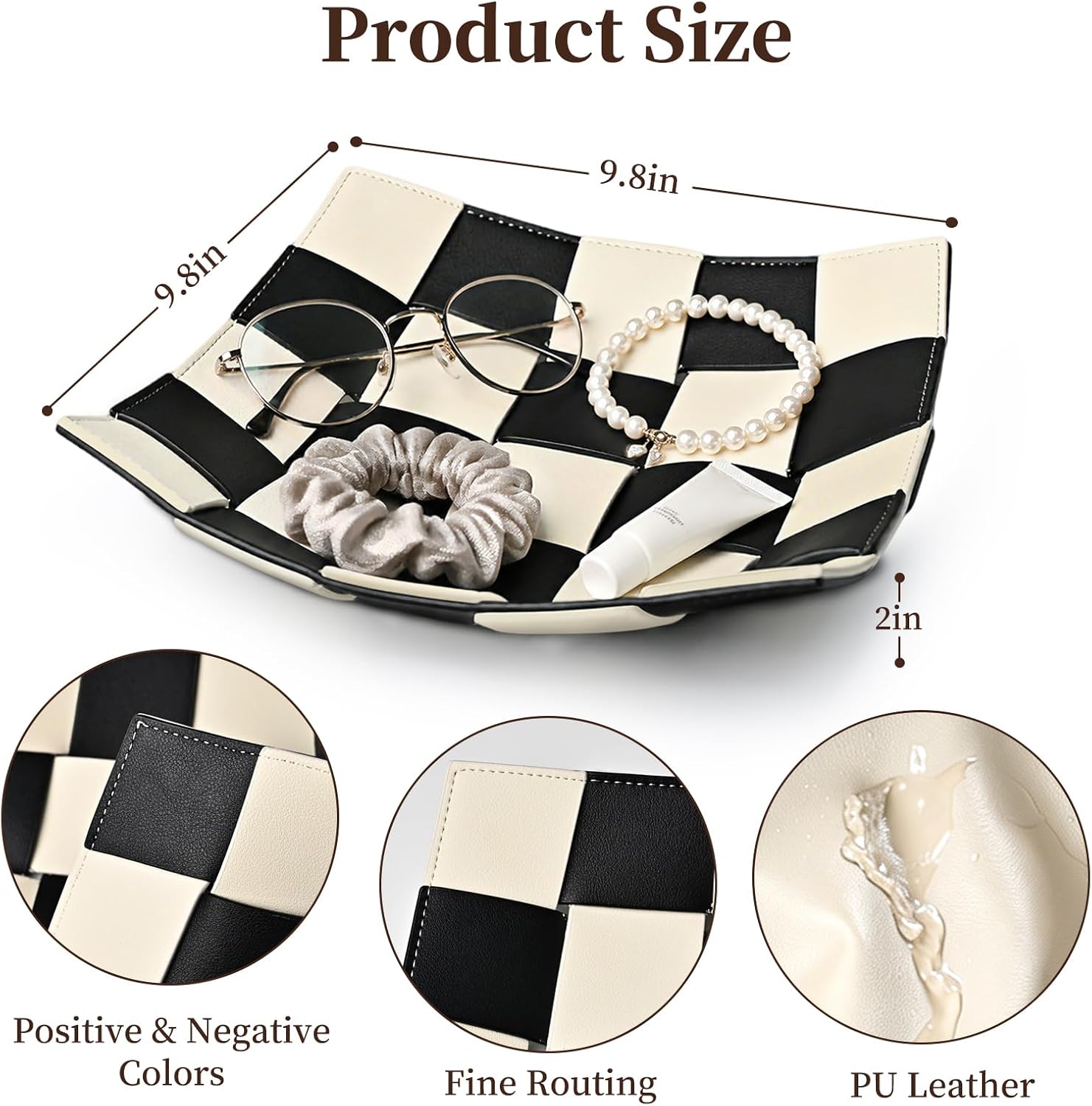 Black and White Checkered Valet Tray PU Leather Key Holder Bowl / Black and White Checkerboard