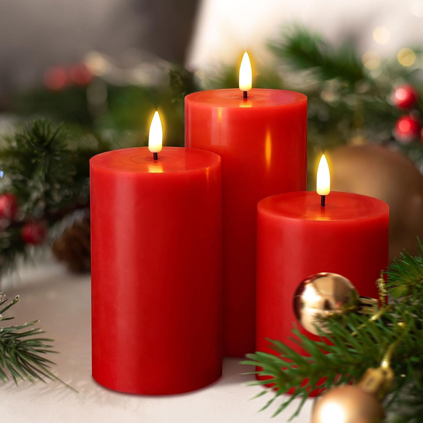 Red Christmas Flameless Pillar Candles with Remote Set of 3 | Flickering LED Wax Candles, Flat Top, 2 AA Battery Power