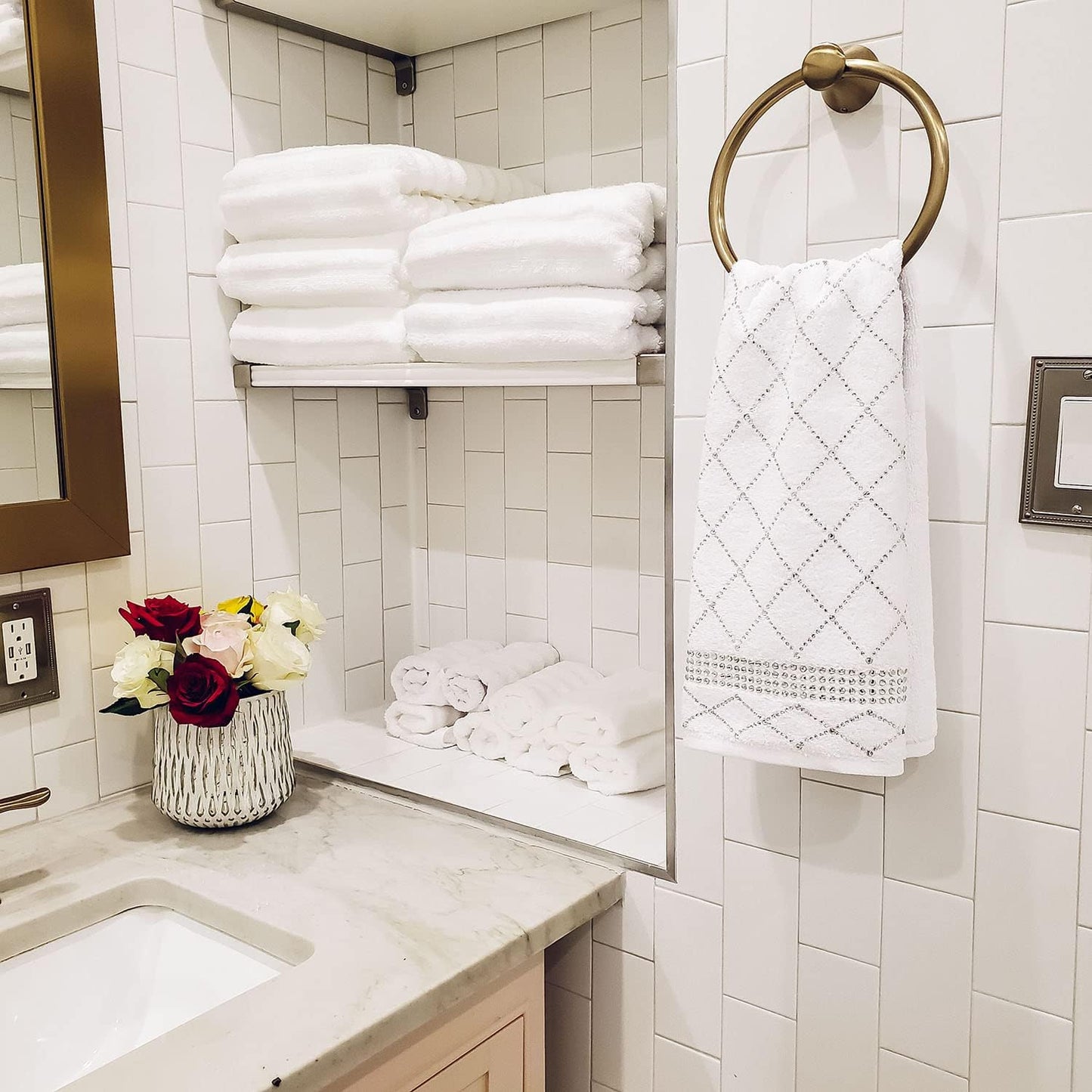 Atlas Hand Towel (Set of 2), 100% Turkish Cotton, Glass Rhinestones, Machine Washable, Gray