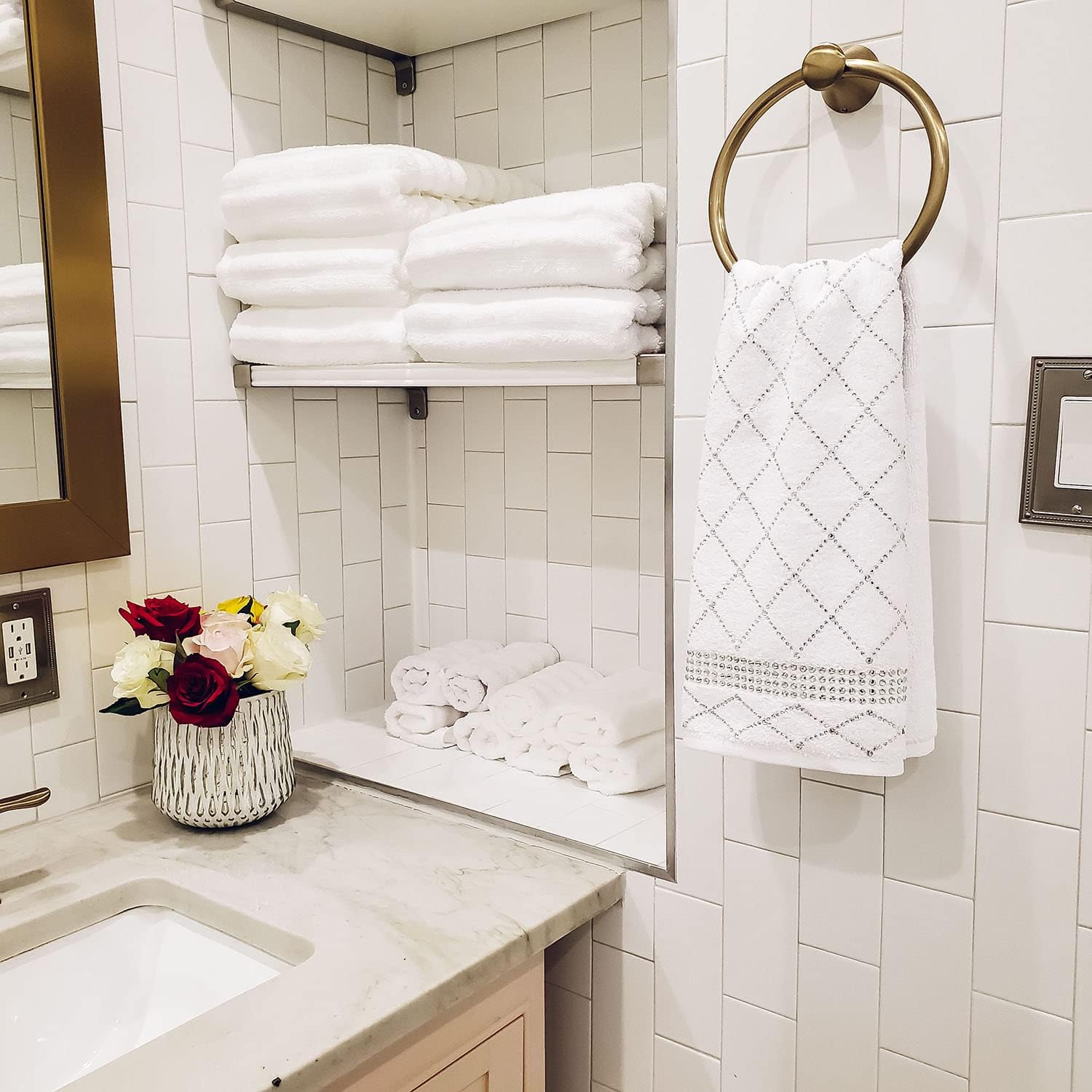 Atlas Hand Towel (Set of 2), 100% Turkish Cotton, Glass Rhinestones, Machine Washable, Gray