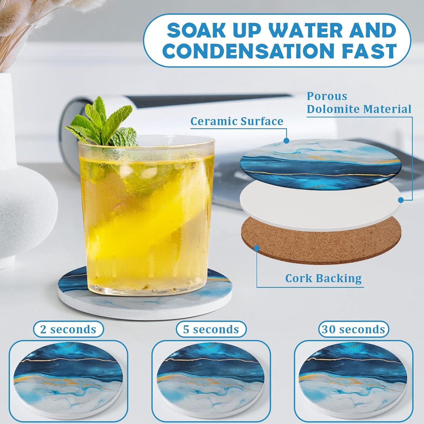 Absorbent Marble Style Ceramic Coaster Tabletop Protection Home Decor / Blue / Set of 8