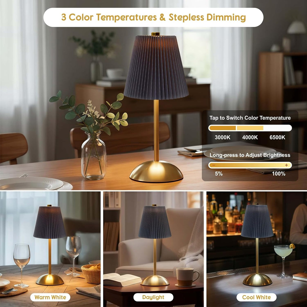 Set of 2 Small Rechargeable Lamp Cordless, LED Battery Table Lamp | Mini Wireless Desk Lamps, Bed Side Table Lamps