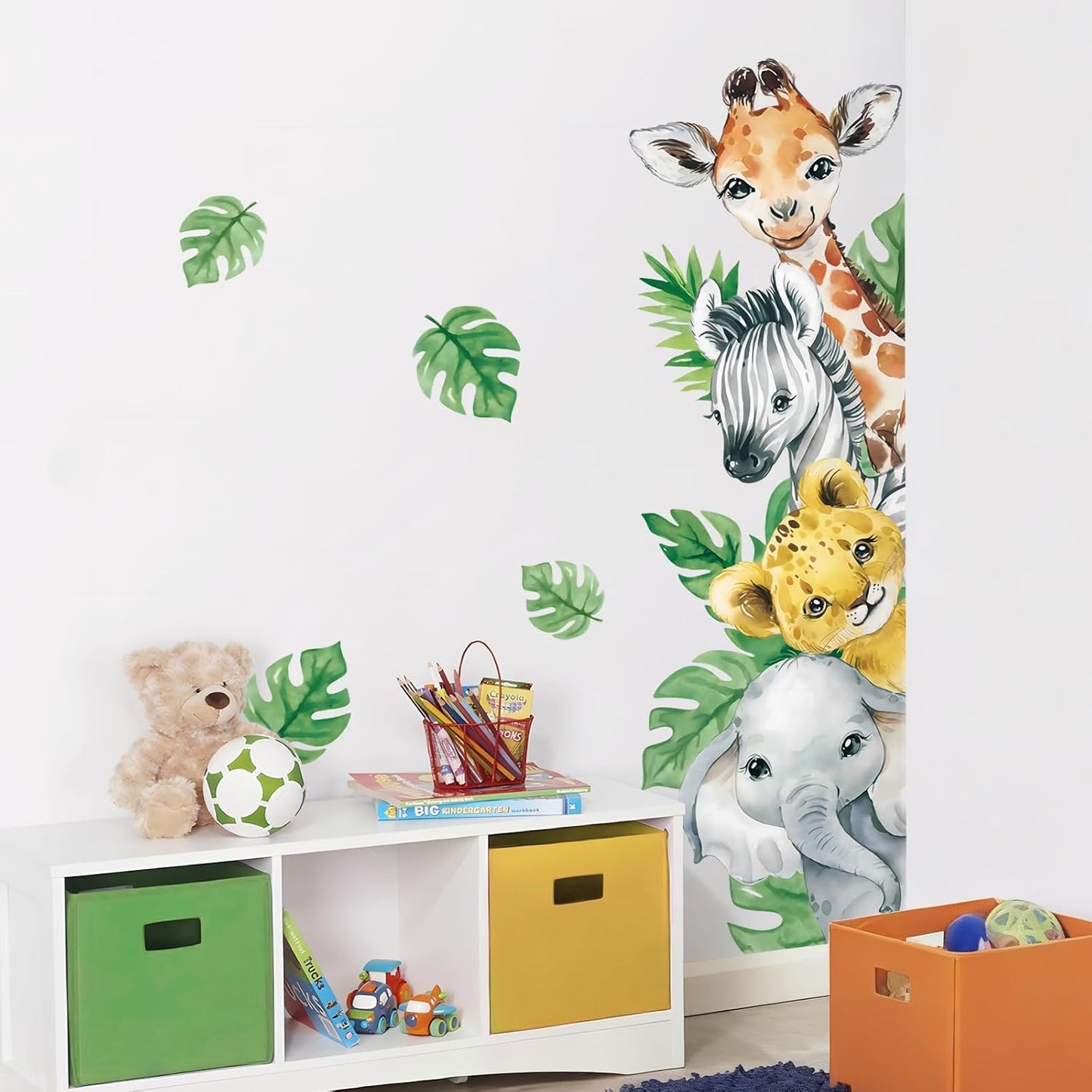 in Watercolor Jungle Animal Wall Decals Cartoon Animal / Vertical4 Animals Right / Green / 45 x 23
