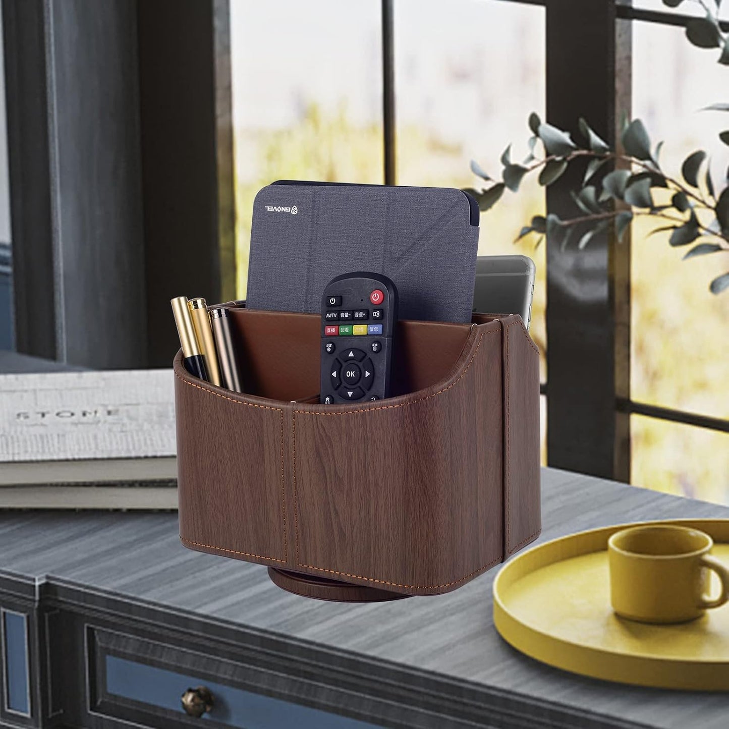 360 Degree Swiveling TV Remote Control Holder/Caddy / Dark Wood Grain / Brown