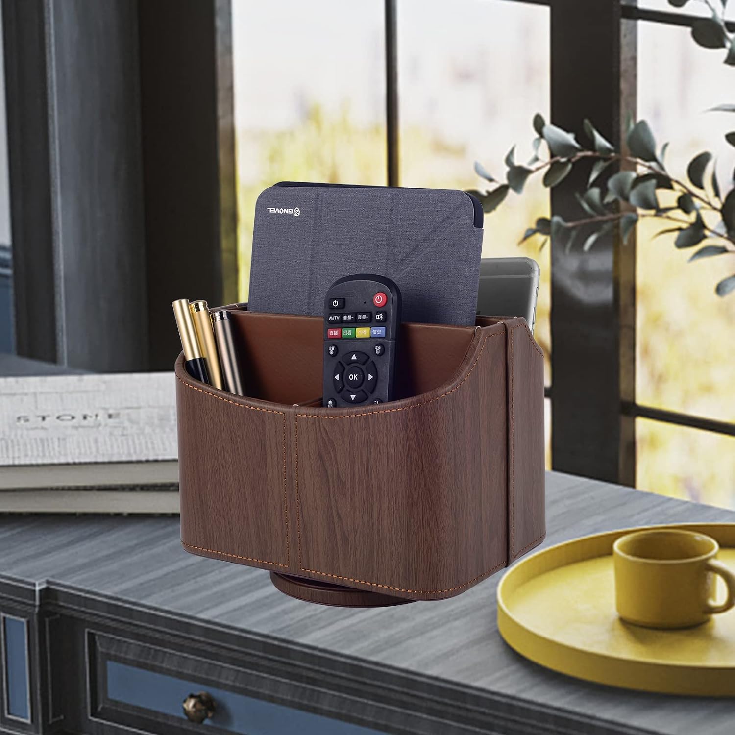 360 Degree Swiveling TV Remote Control Holder/Caddy / Dark Wood Grain / Brown