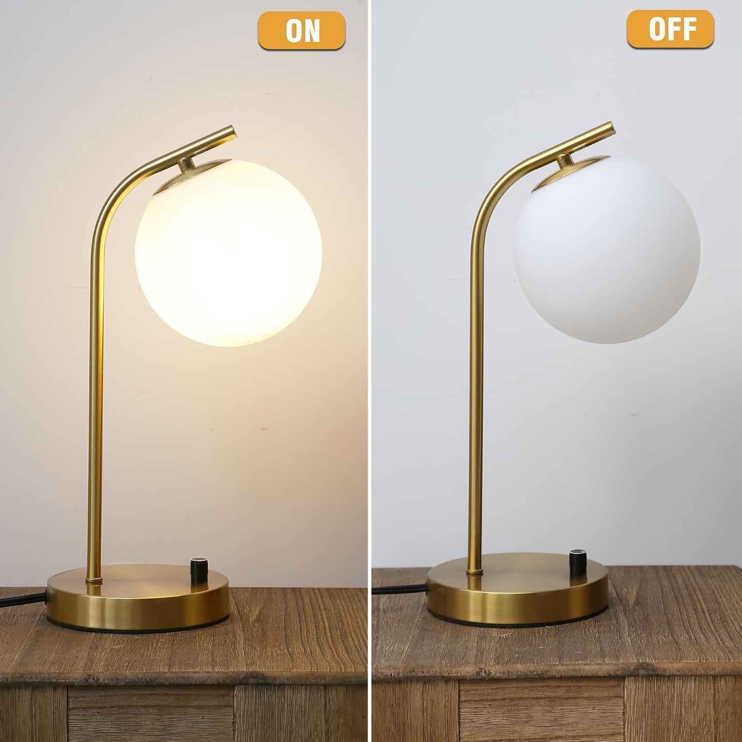Mid Century Modern Dimmable Globe Table Lamp, Gold,15.3'' high | Minimalist Nightstand Desk Lamp with Milk White Glass