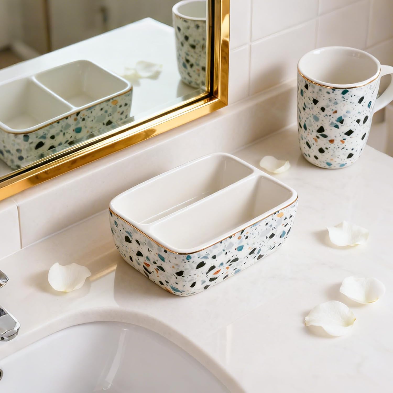 2 Compartments Ceramic Sponge Holder / Blue Terrazzo