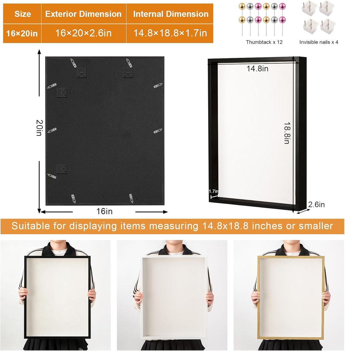 16x20 Large Shadow Box Frame with Thickened Acrylic Panel & Pins | With Push Pins, Deep 1.7" Black Shadow Box Display