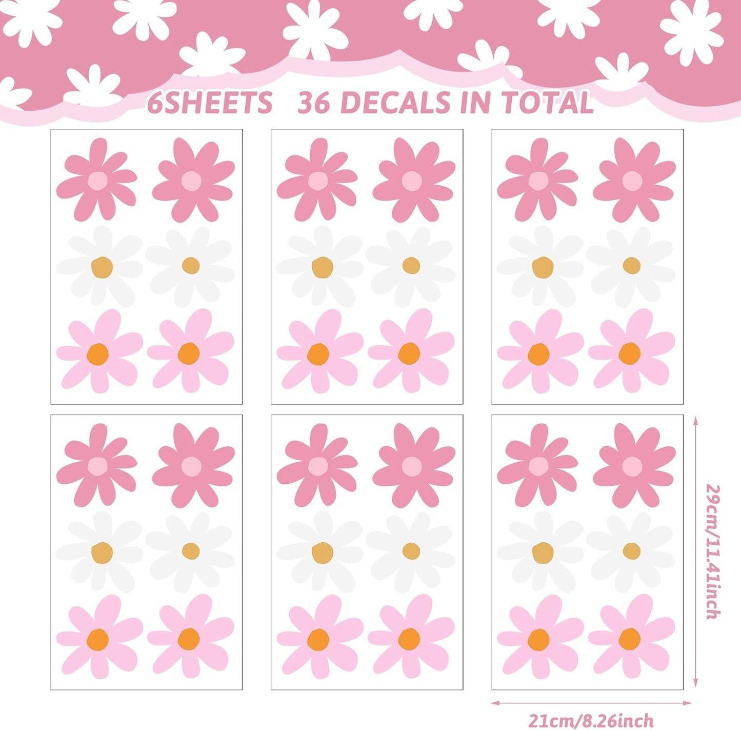 Daisy Wall Decal Flower Vinyl Wall Floral Decals Peel and Stick Daisy Stickers / Pink, White
