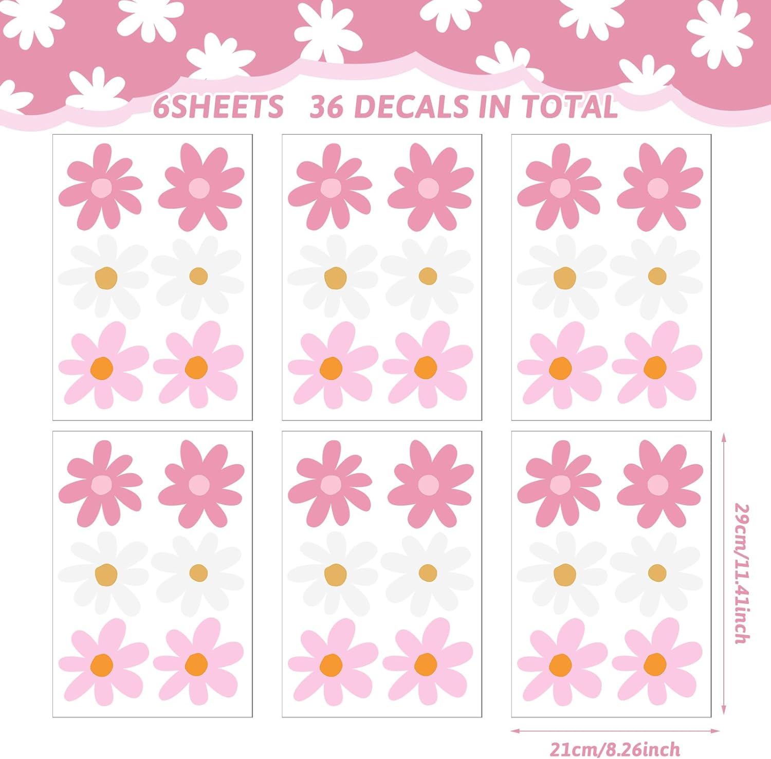 Daisy Wall Decal Flower Vinyl Wall Floral Decals Peel and Stick Daisy Stickers / Pink, White