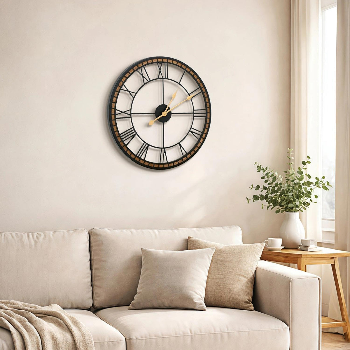 Micasso Modern Farmhouse Decorative Clock: 20 inch Battery Operated | Metal Wood Frame with Metal Center - Roman