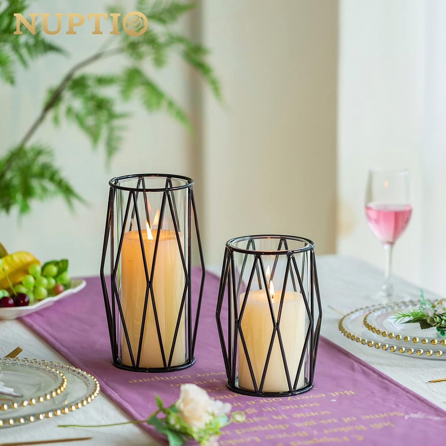 NUPTIO Black Geometric Hurricane Glass Candle Holders, Set of 2 | 2 Graduated Diamond Frames, Clear Cylinder Vases, for
