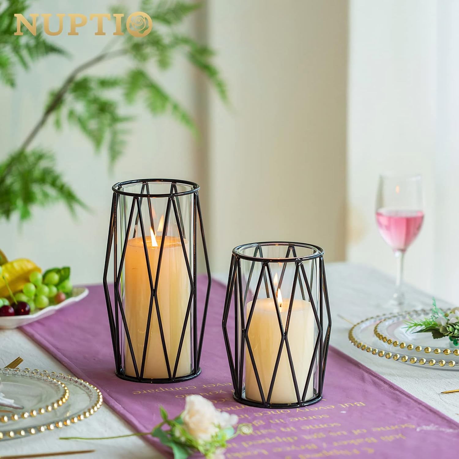NUPTIO Black Geometric Hurricane Glass Candle Holders, Set of 2 | 2 Graduated Diamond Frames, Clear Cylinder Vases, for