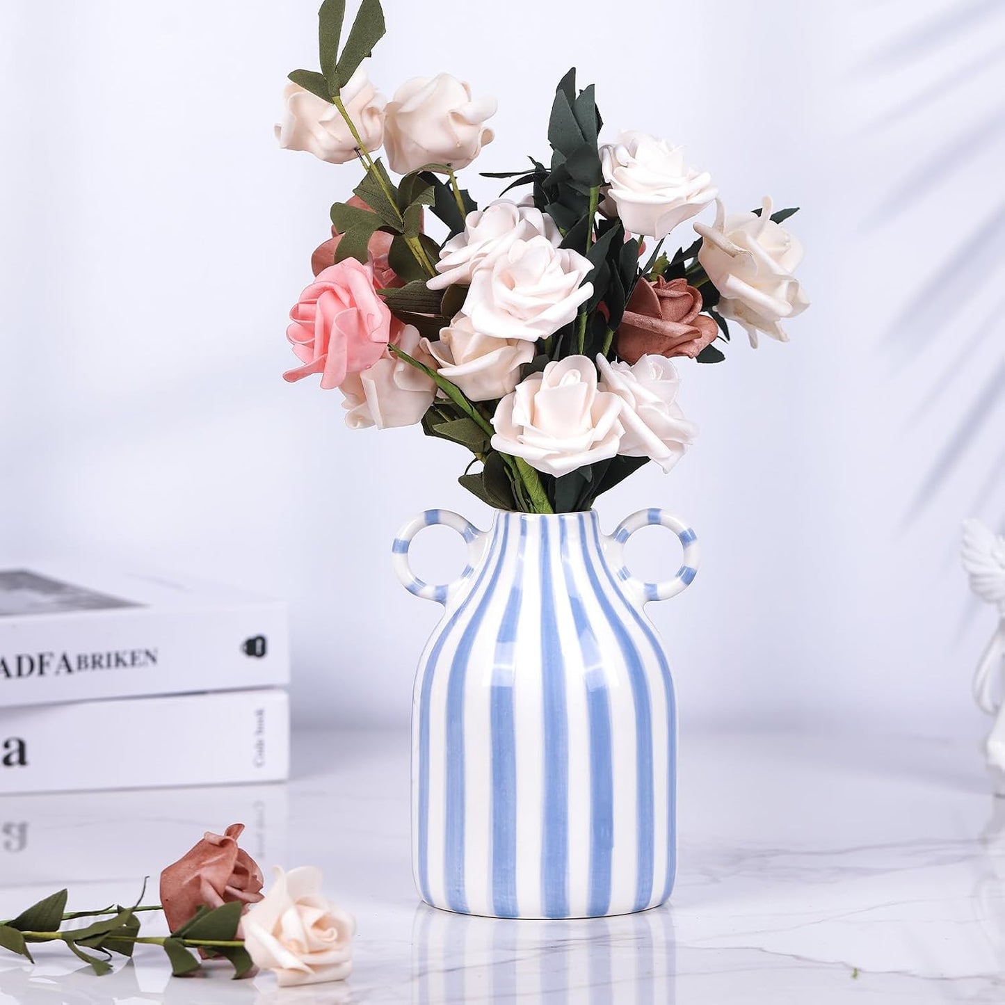 Ceramic Blue and White Striped Vase / Blue White