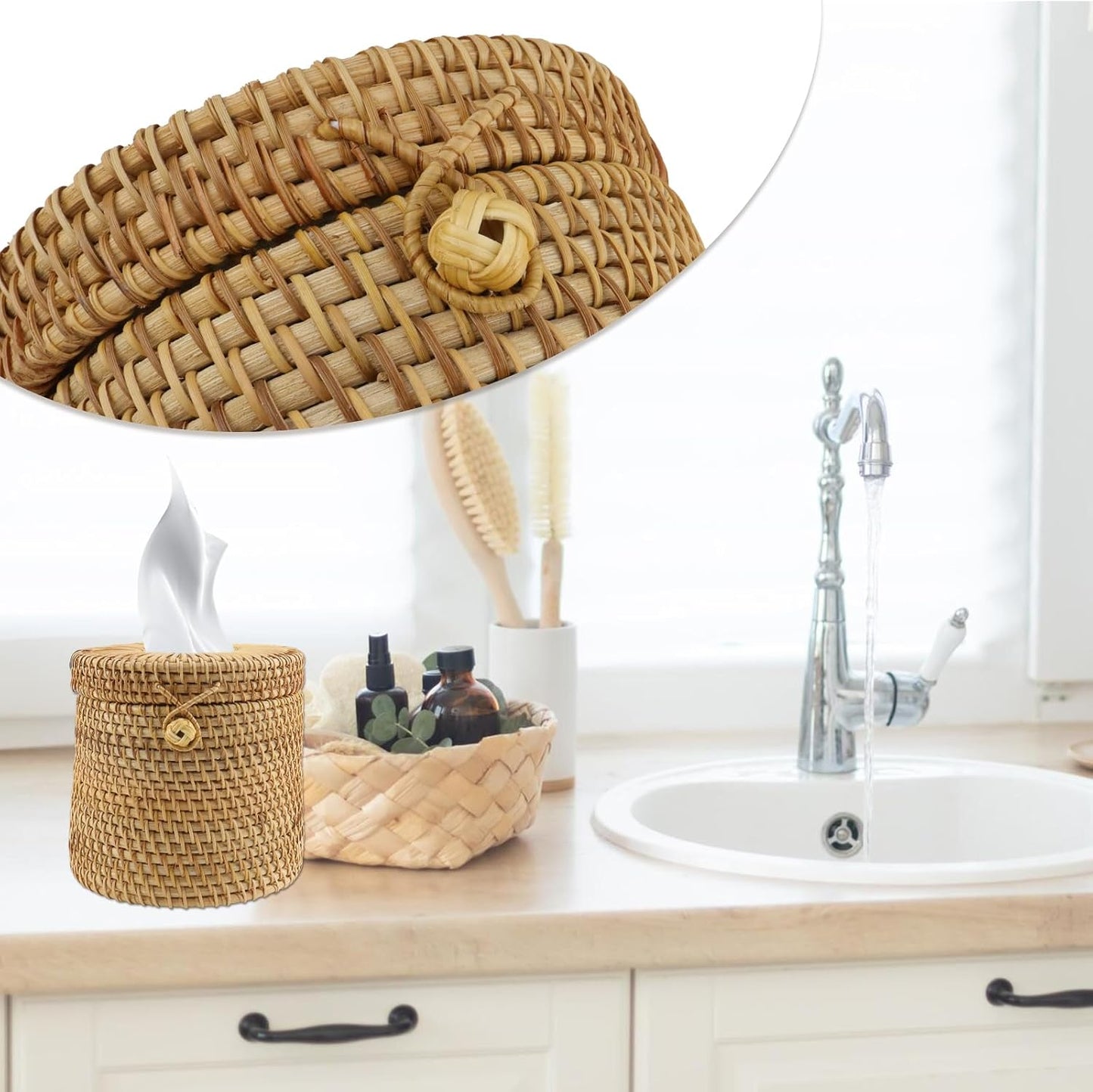 Rattan Round Tissue Box Cover Tissue Box Holder Decorative Woven Facial Tissue Holder / Style 1