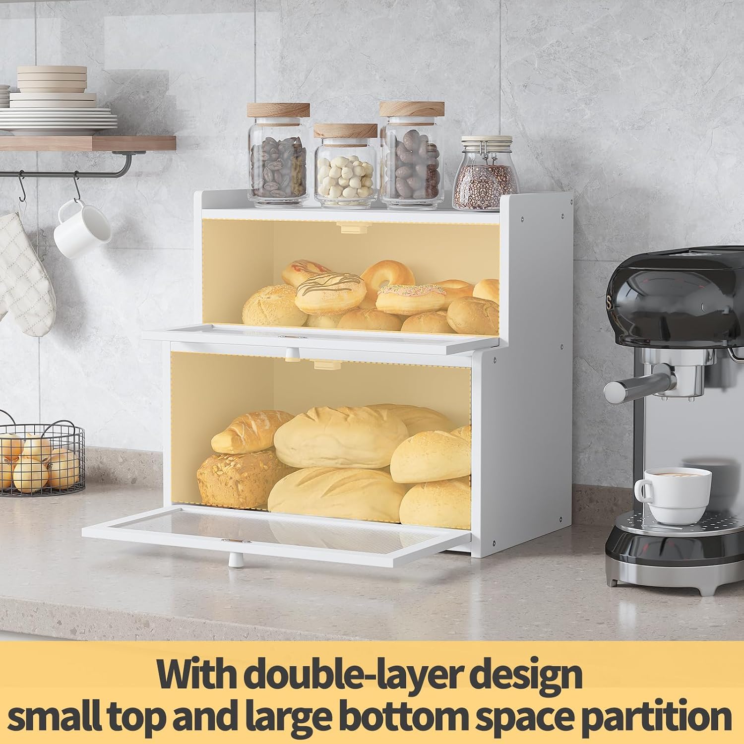 Double Layer Bamboo Bread Box for Kitchen Counter,Bread Holder,Countertop Bread Storage with Window (White)