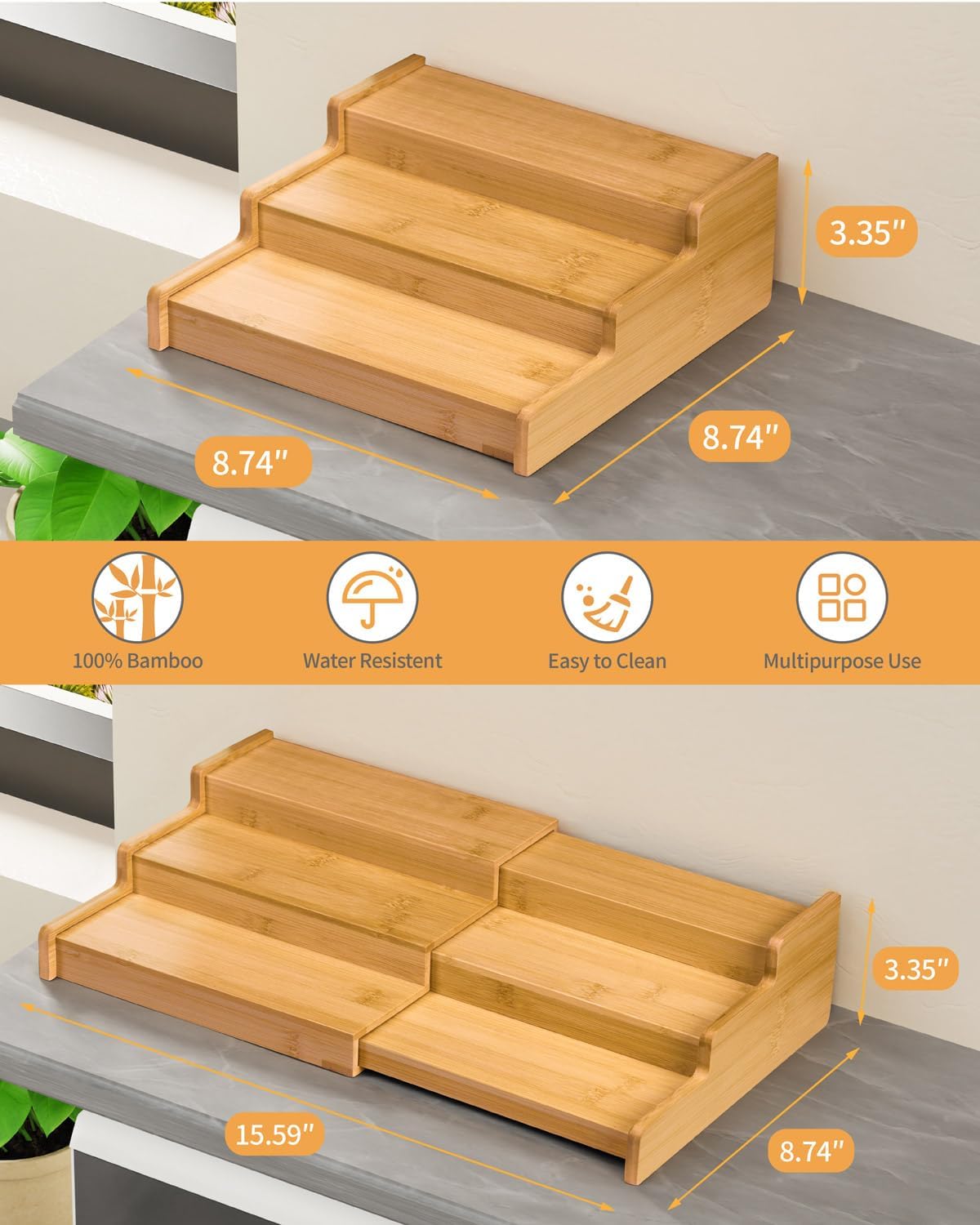 Spice Rack 3-Tier Natural Bamboo, Adjustable Cabinet Organizer Shelf | Expands 8.7-15.6"cabinets. Stepped design