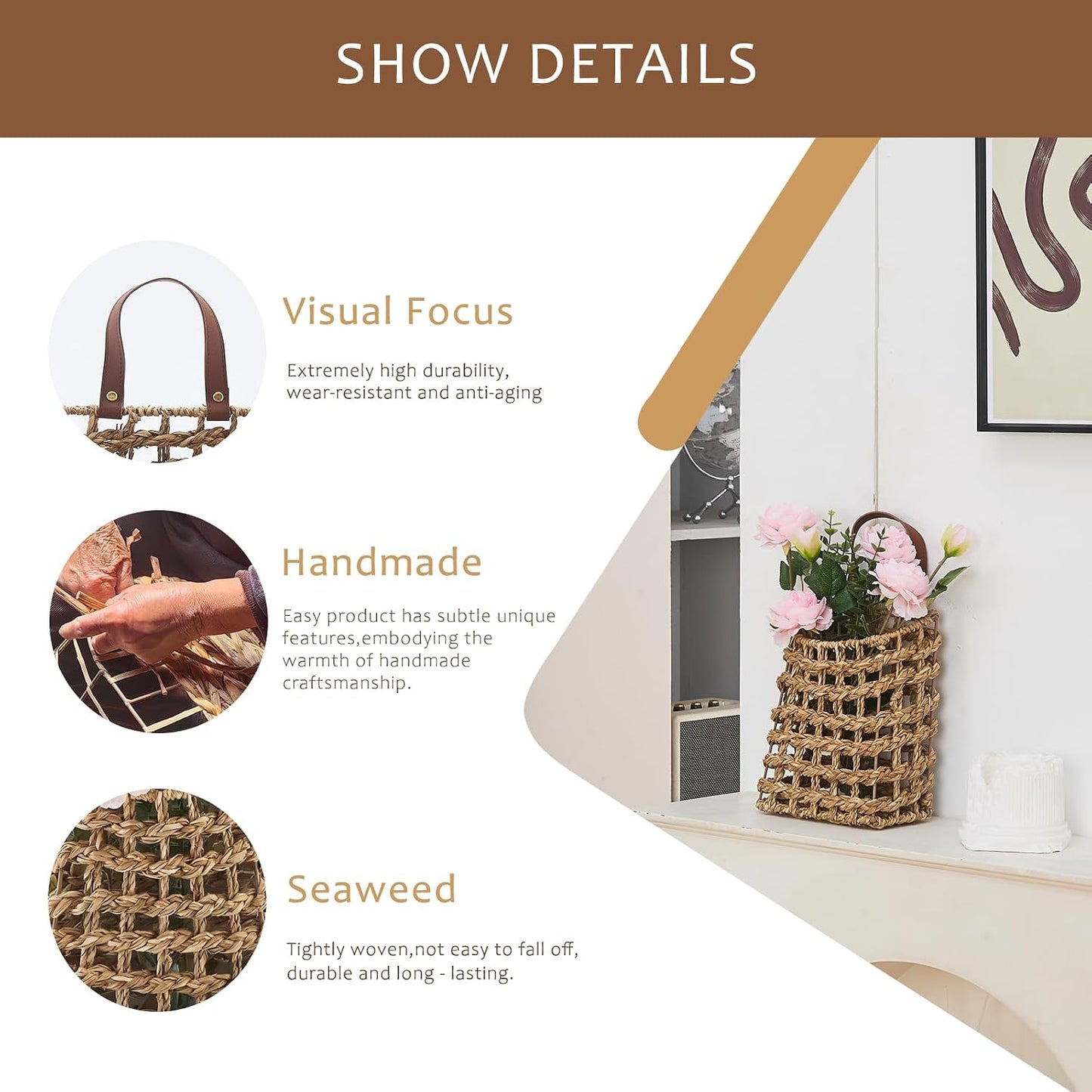 Wall Hanging Basket Decorative Boho Mounted Organizer Dried Flower Plants Front Door / Seagrass