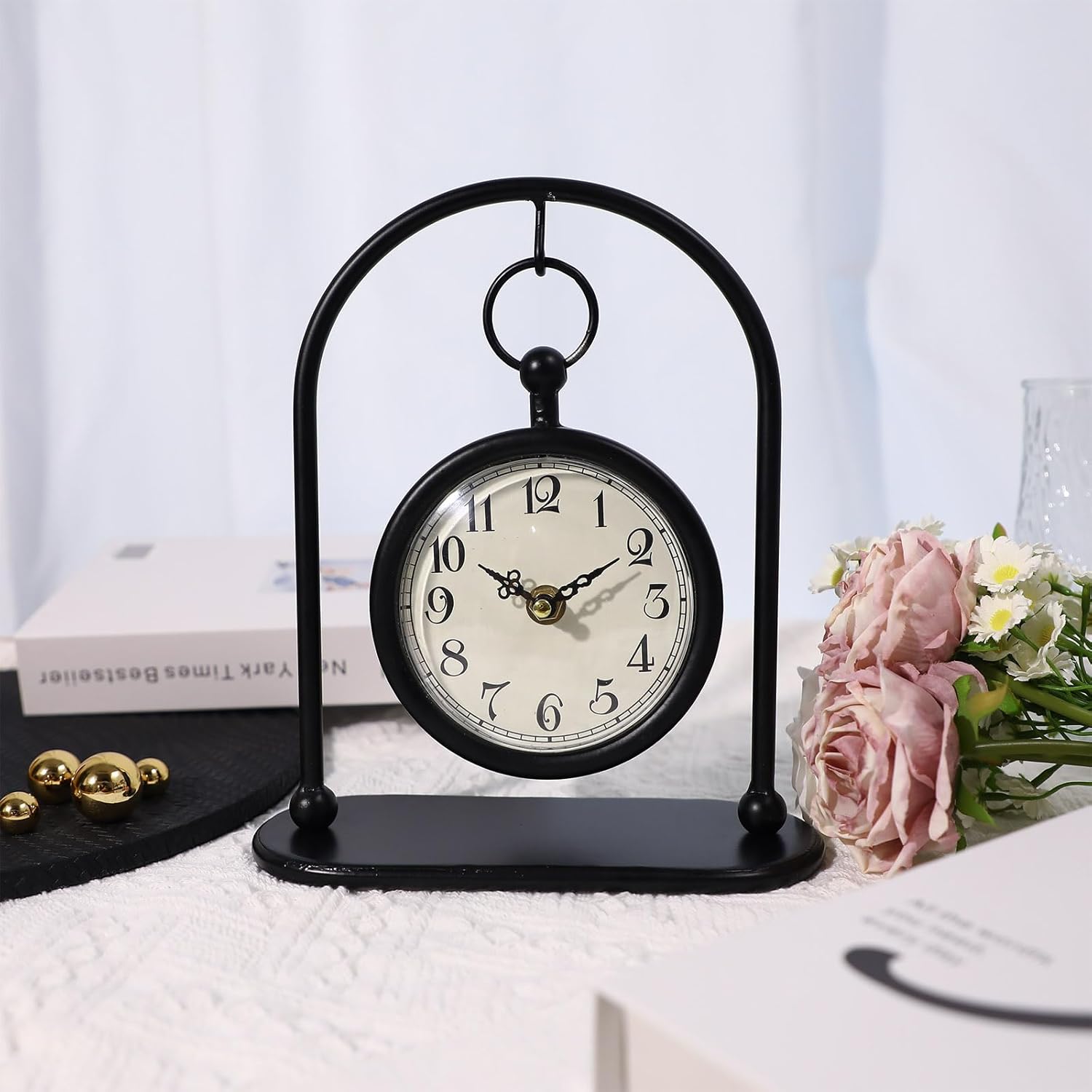 Vintage Metal Table Clock, Farmhouse Table Clock, Small Black Silent Non-Ticking Battery Operated Desk and Shelf Clocks