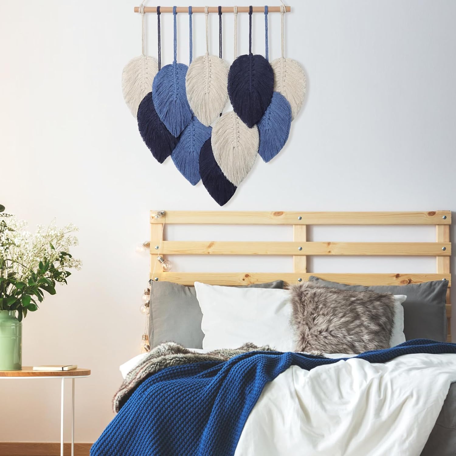 Macrame Wall Hanging Leaves Chic Woven Leaf Tassels Decoration Cotton Ornaments Tapestry / Navy Blue